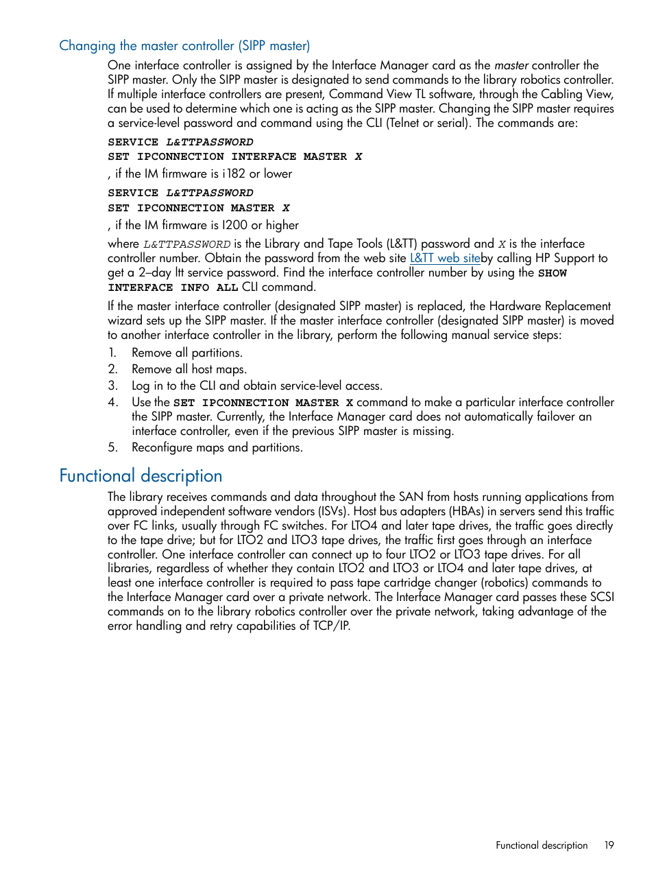 Changing the master controller (sipp master), Functional description | HP EML E-series Tape Libraries User Manual | Page 19 / 112