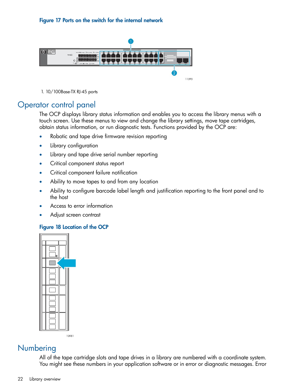 Operator control panel, Numbering, Operator control panel numbering | HP EML E-series Tape Libraries User Manual | Page 22 / 112