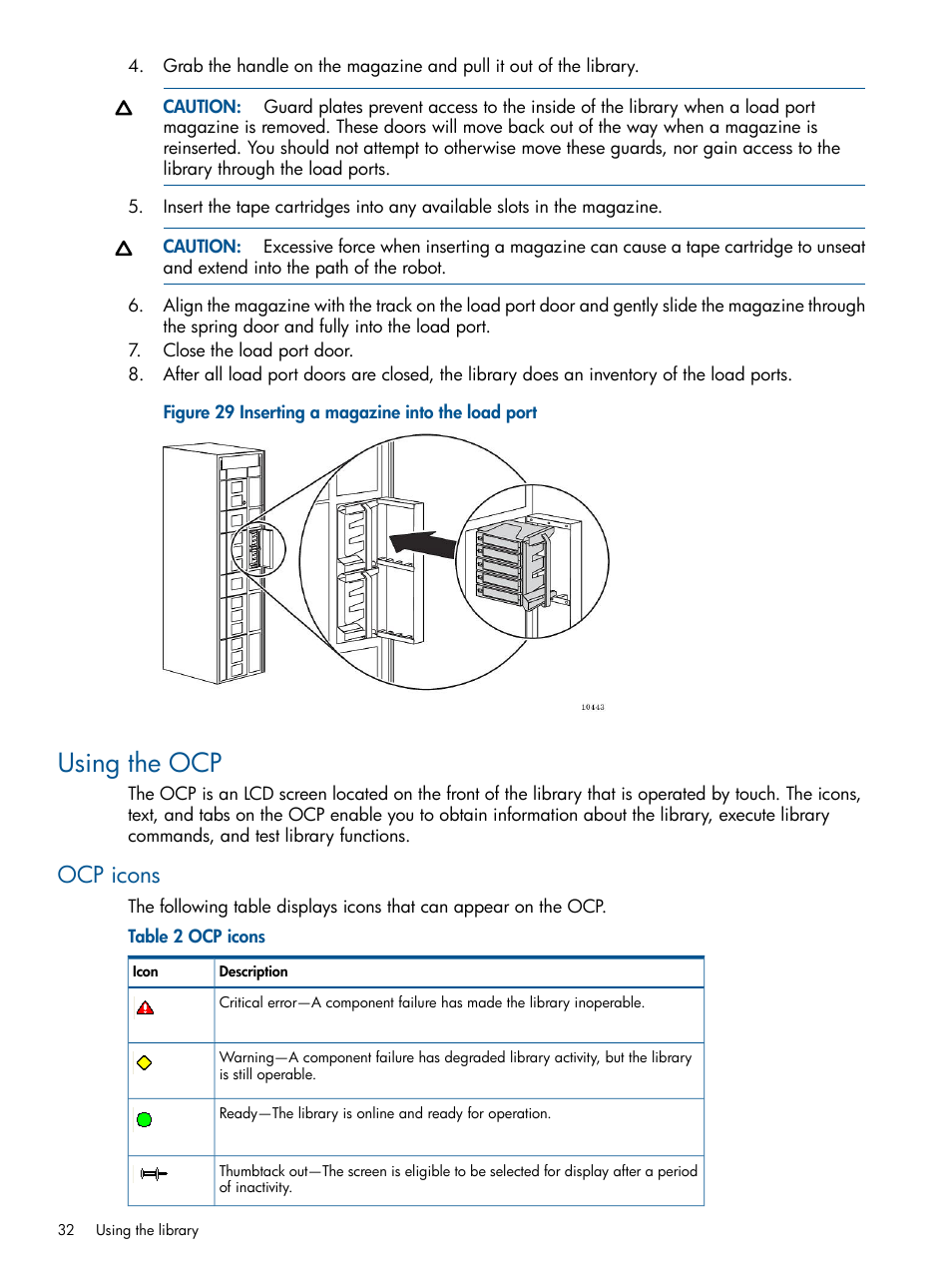 Using the ocp, Ocp icons | HP EML E-series Tape Libraries User Manual | Page 32 / 112