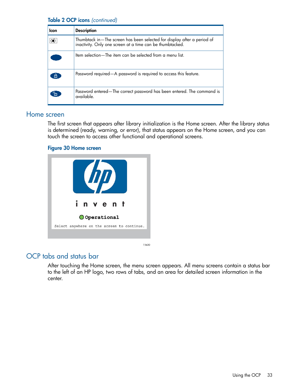 Home screen, Ocp tabs and status bar, Home screen ocp tabs and status bar | HP EML E-series Tape Libraries User Manual | Page 33 / 112