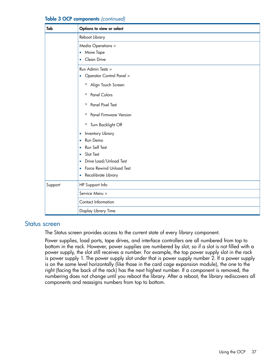 Status screen | HP EML E-series Tape Libraries User Manual | Page 37 / 112