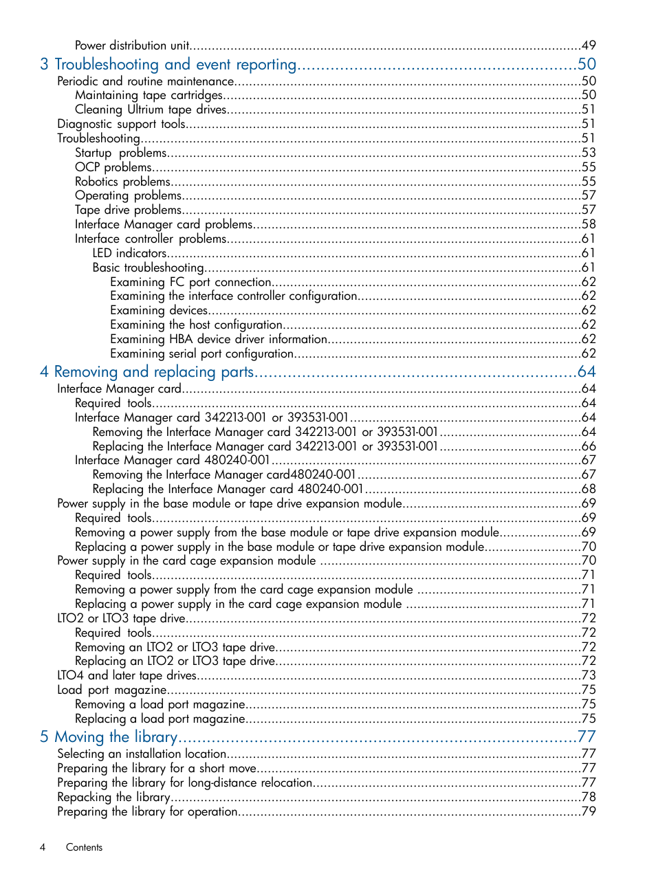 3 troubleshooting and event reporting, 4 removing and replacing parts, 5 moving the library | HP EML E-series Tape Libraries User Manual | Page 4 / 112
