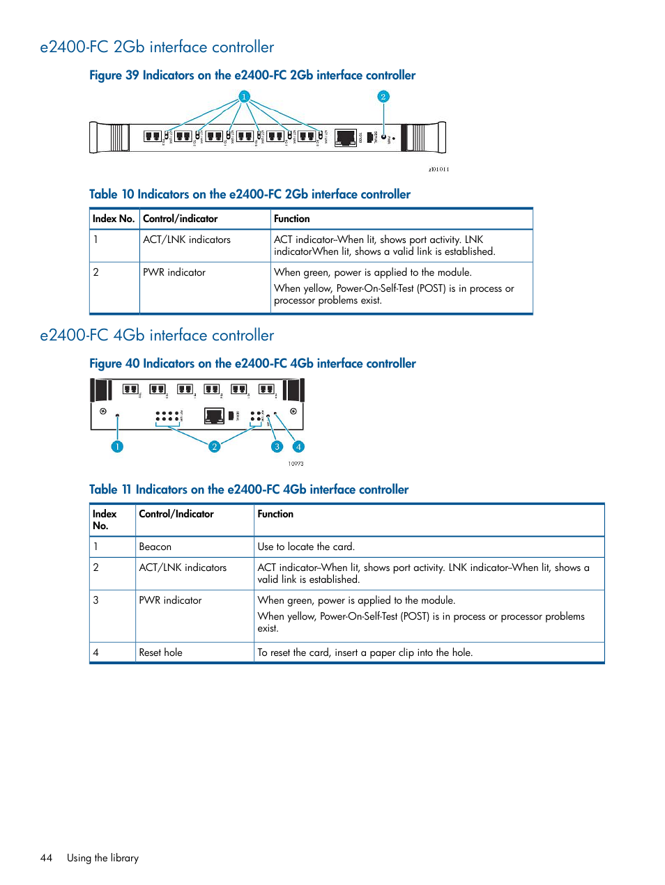 E2400-fc 2gb interface controller, E2400-fc 4gb interface controller | HP EML E-series Tape Libraries User Manual | Page 44 / 112