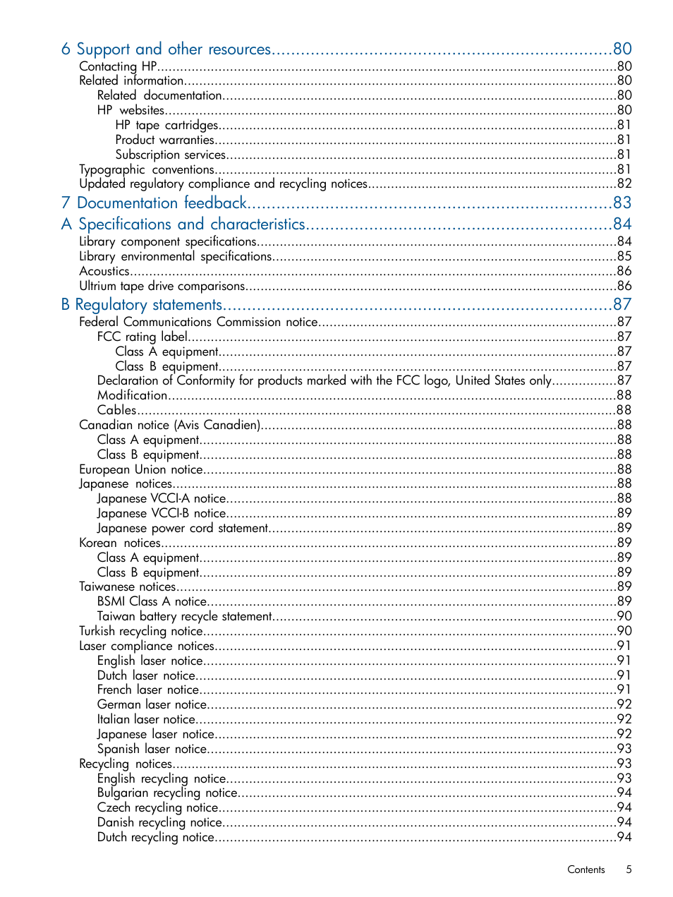 6 support and other resources, B regulatory statements | HP EML E-series Tape Libraries User Manual | Page 5 / 112