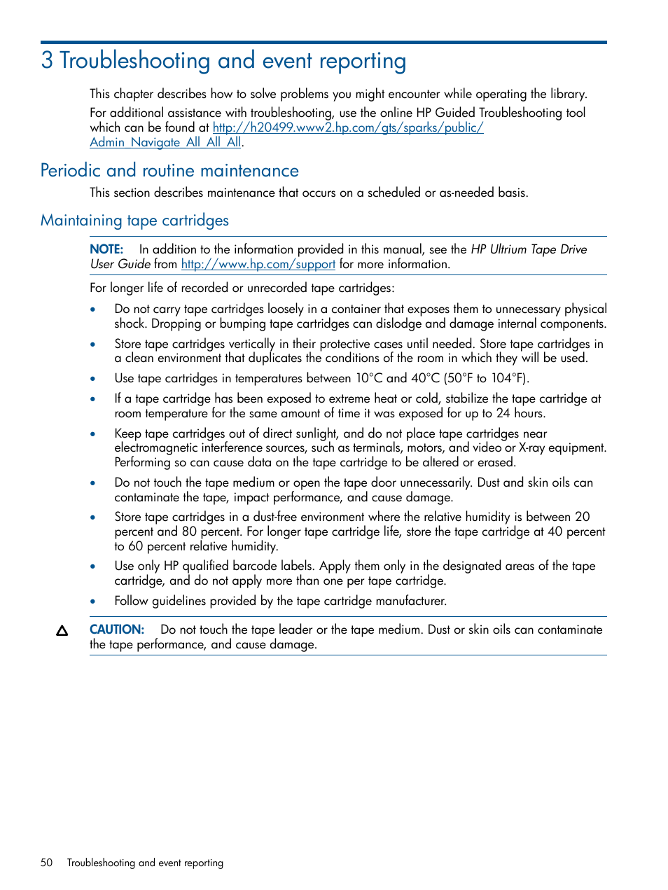 3 troubleshooting and event reporting, Periodic and routine maintenance, Maintaining tape cartridges | HP EML E-series Tape Libraries User Manual | Page 50 / 112