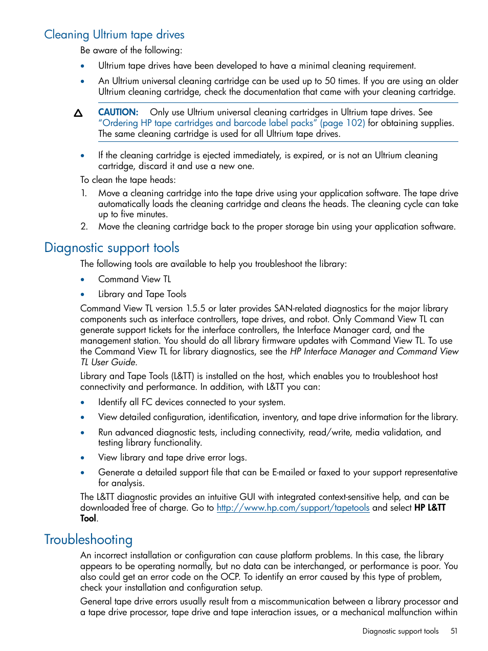 Cleaning ultrium tape drives, Diagnostic support tools, Troubleshooting | Diagnostic support tools troubleshooting | HP EML E-series Tape Libraries User Manual | Page 51 / 112