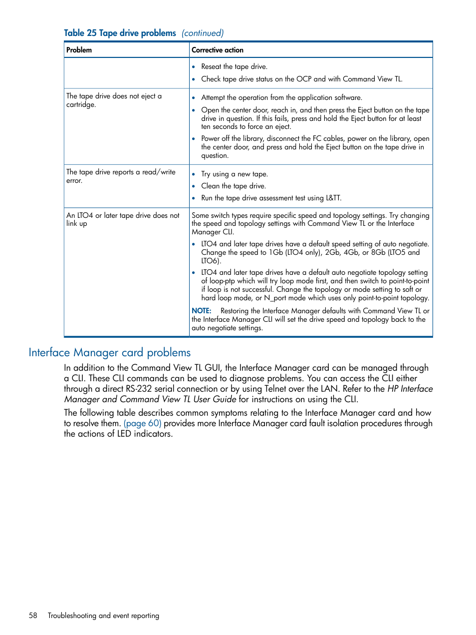 Interface manager card problems | HP EML E-series Tape Libraries User Manual | Page 58 / 112