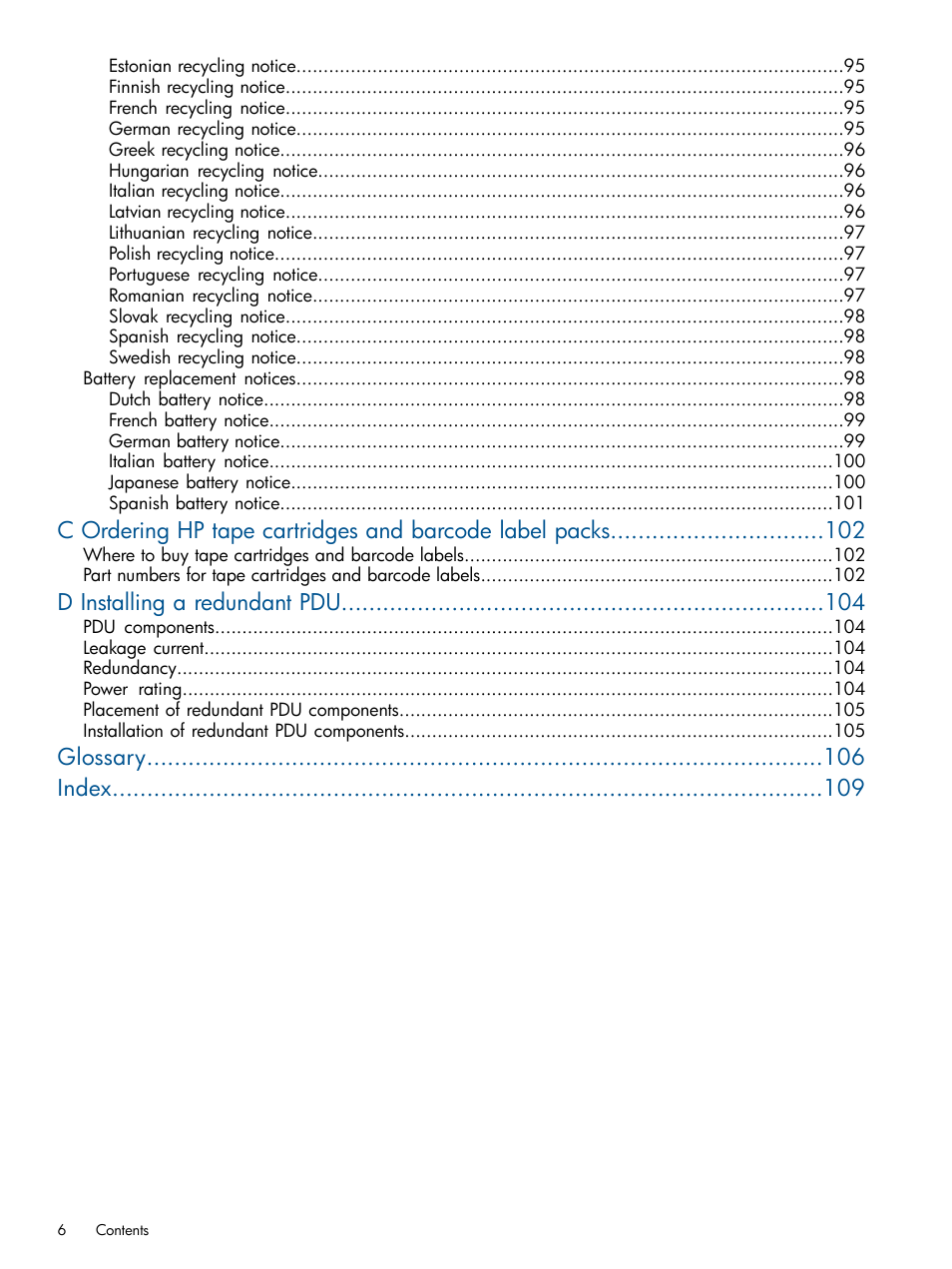 D installing a redundant pdu, Glossary index | HP EML E-series Tape Libraries User Manual | Page 6 / 112