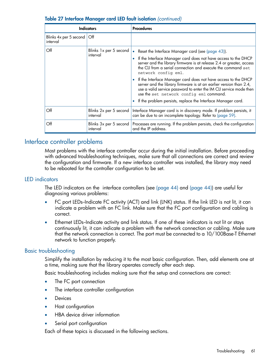 Interface controller problems, Led indicators, Basic troubleshooting | Led indicators basic troubleshooting | HP EML E-series Tape Libraries User Manual | Page 61 / 112