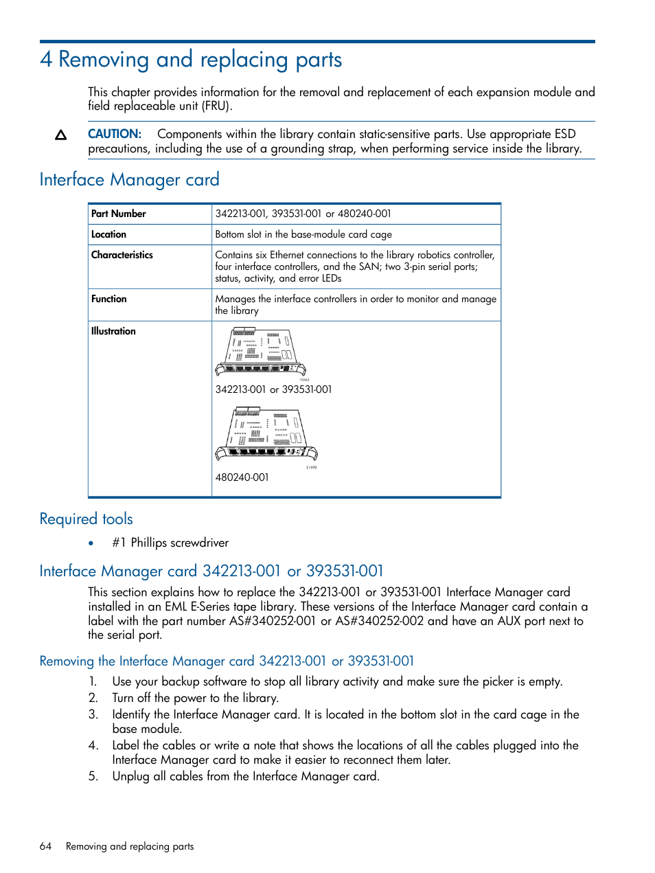 4 removing and replacing parts, Interface manager card, Required tools | Interface manager card 342213-001 or 393531-001 | HP EML E-series Tape Libraries User Manual | Page 64 / 112