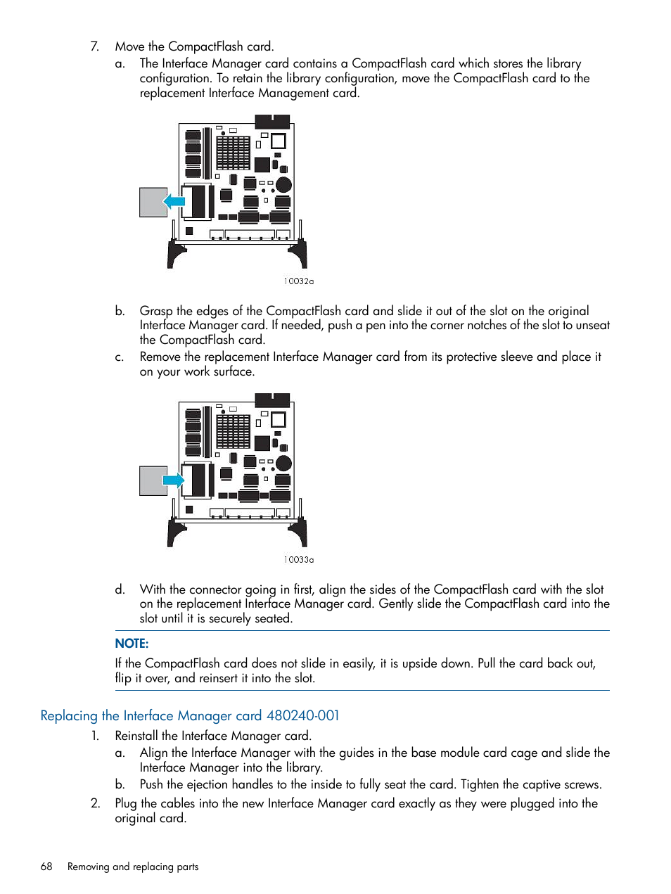 Replacing the interface manager card 480240-001 | HP EML E-series Tape Libraries User Manual | Page 68 / 112