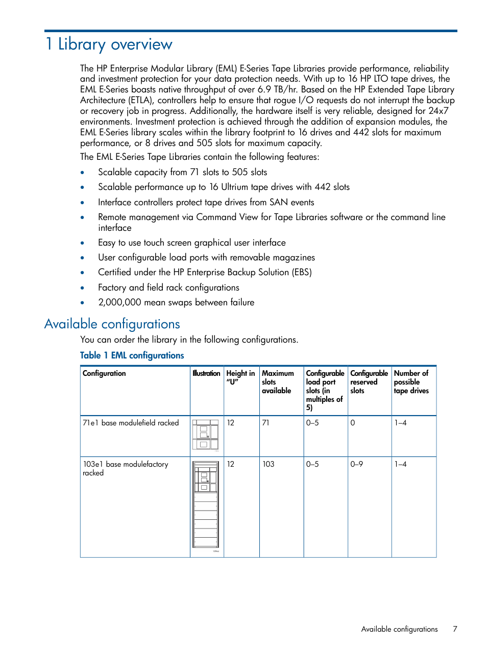 1 library overview, Available configurations | HP EML E-series Tape Libraries User Manual | Page 7 / 112