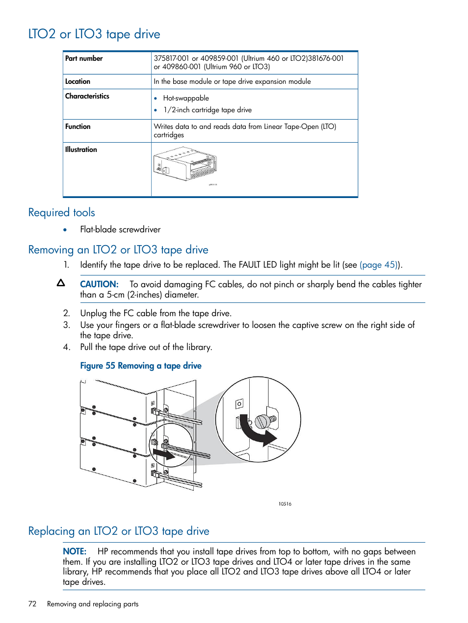 Lto2 or lto3 tape drive, Required tools, Removing an lto2 or lto3 tape drive | Replacing an lto2 or lto3 tape drive | HP EML E-series Tape Libraries User Manual | Page 72 / 112