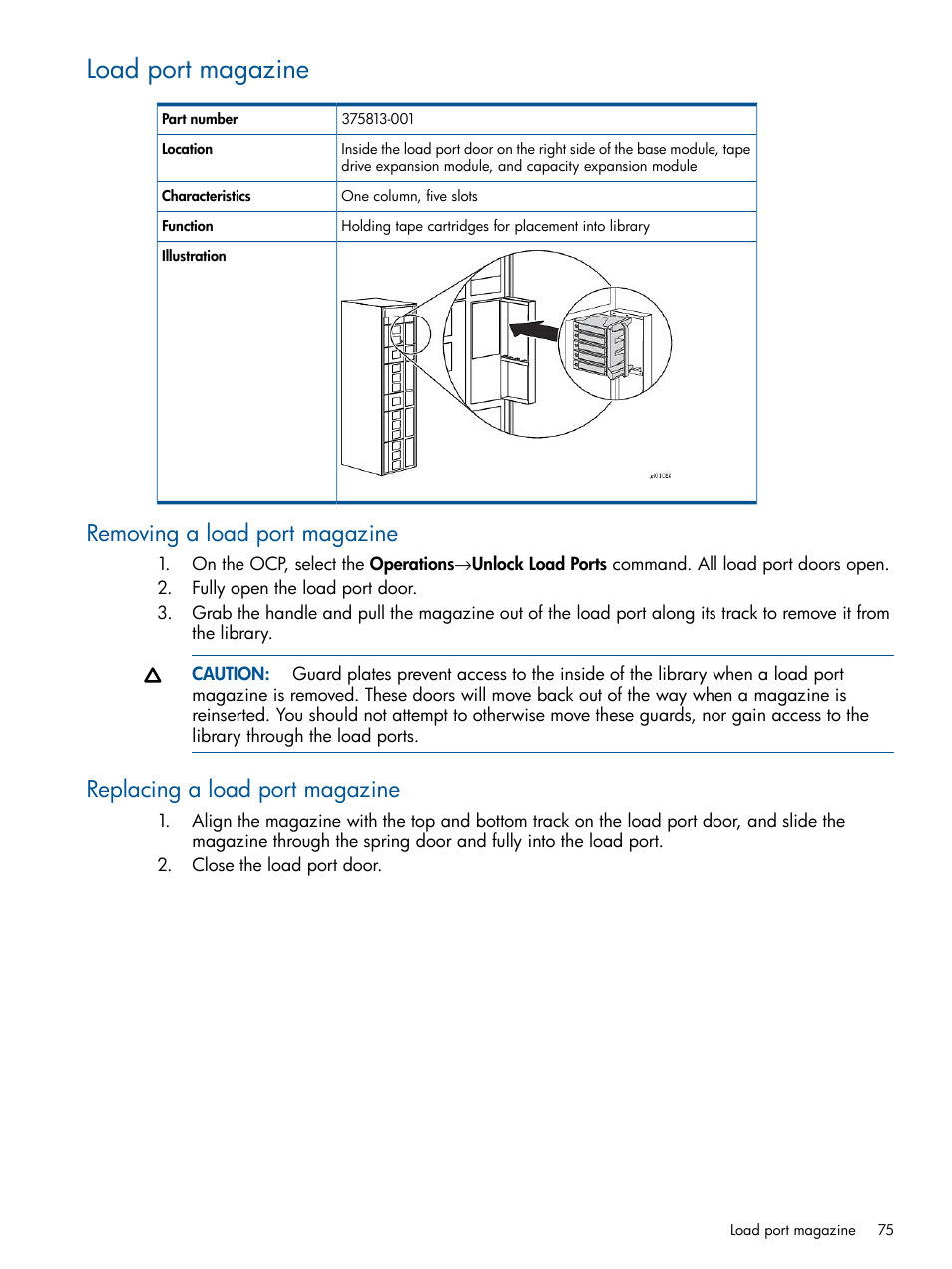 Load port magazine, Removing a load port magazine, Replacing a load port magazine | HP EML E-series Tape Libraries User Manual | Page 75 / 112