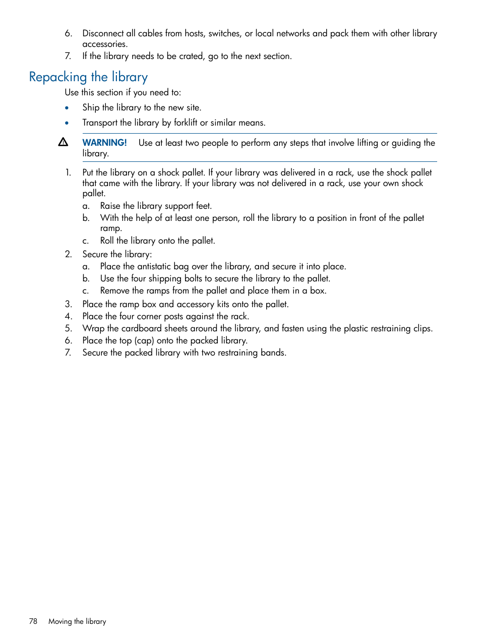 Repacking the library | HP EML E-series Tape Libraries User Manual | Page 78 / 112