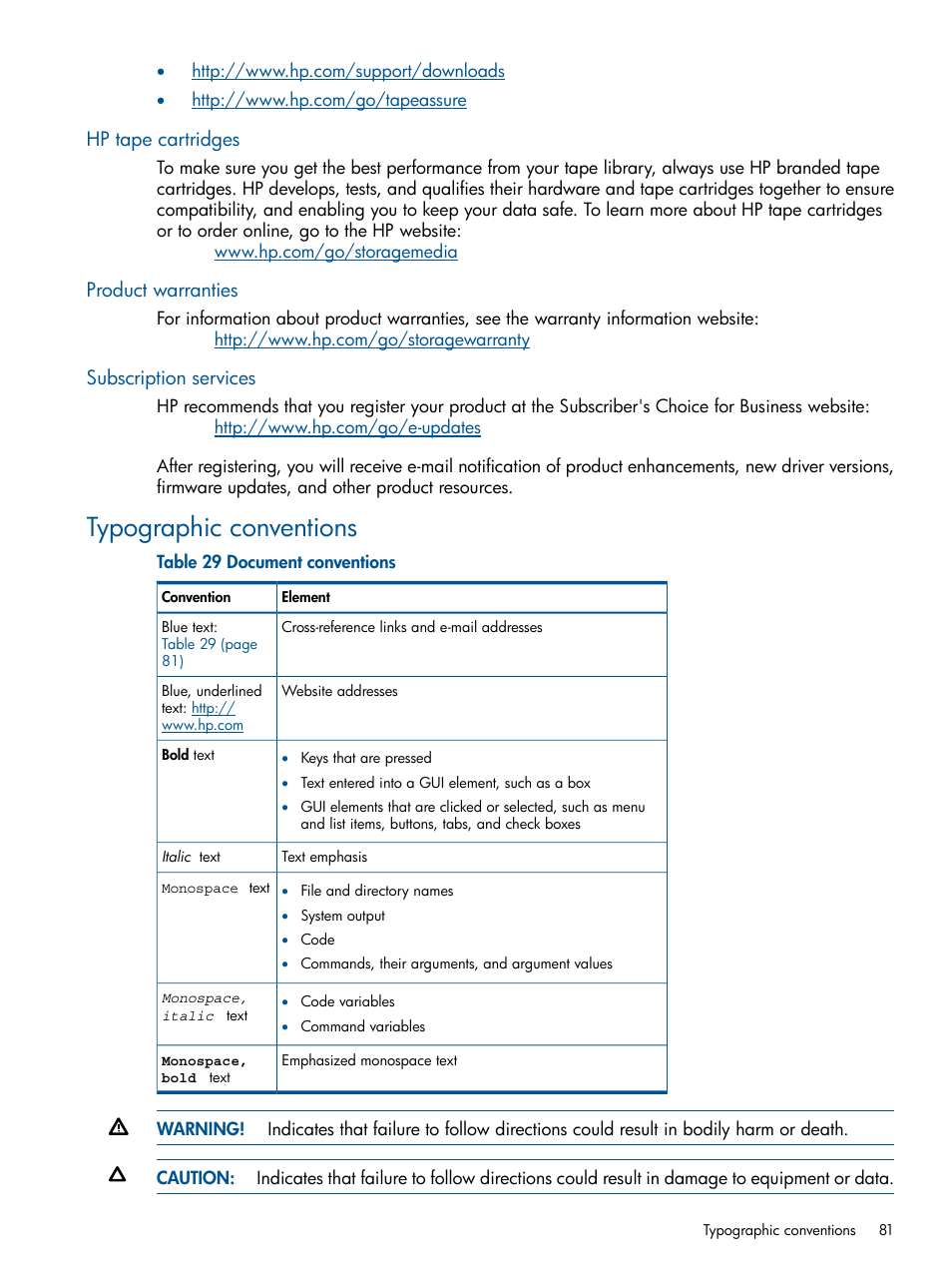 Hp tape cartridges, Product warranties, Subscription services | Typographic conventions, Document conventions and symbols | HP EML E-series Tape Libraries User Manual | Page 81 / 112