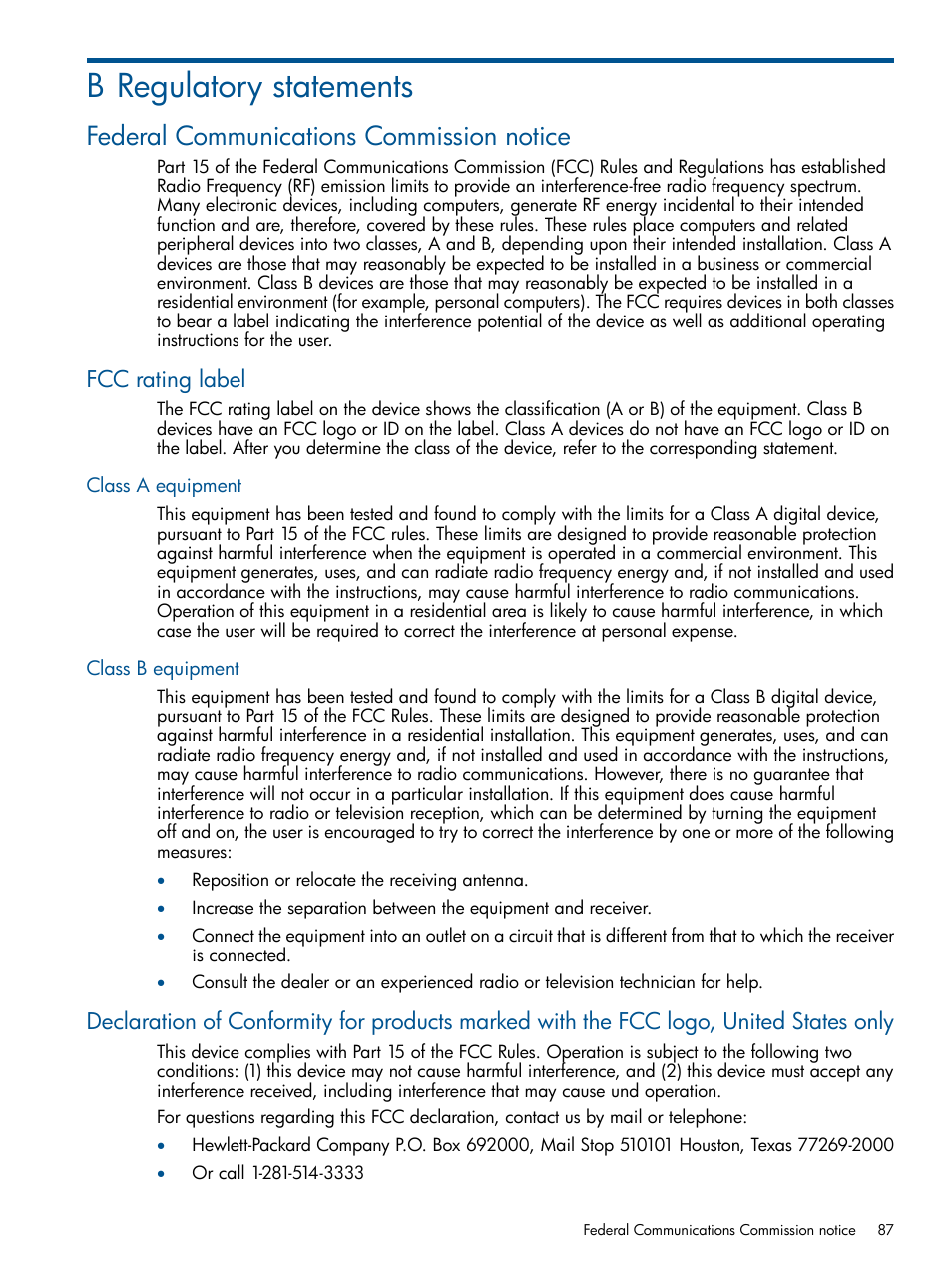 B regulatory statements, Federal communications commission notice, Fcc rating label | Class a equipment, Class b equipment, Class a equipment class b equipment | HP EML E-series Tape Libraries User Manual | Page 87 / 112