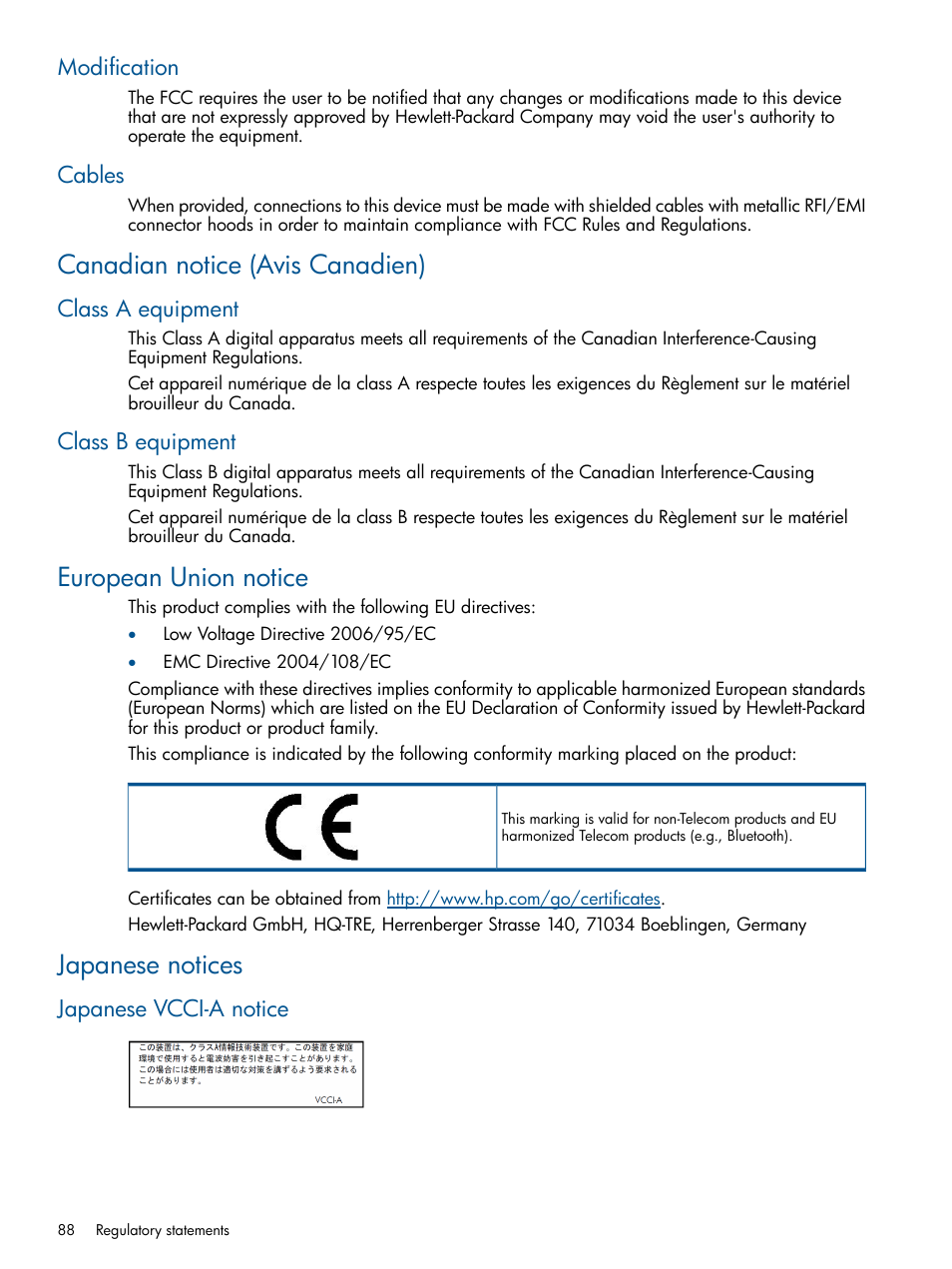 Modification, Cables, Canadian notice (avis canadien) | Class a equipment, Class b equipment, European union notice, Japanese notices, Japanese vcci-a notice, Modification cables, Class a equipment class b equipment | HP EML E-series Tape Libraries User Manual | Page 88 / 112