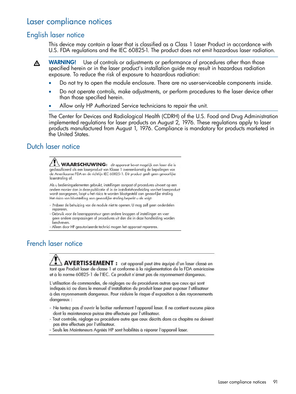 Laser compliance notices, English laser notice, Dutch laser notice | French laser notice, Dutch laser notice french laser notice | HP EML E-series Tape Libraries User Manual | Page 91 / 112