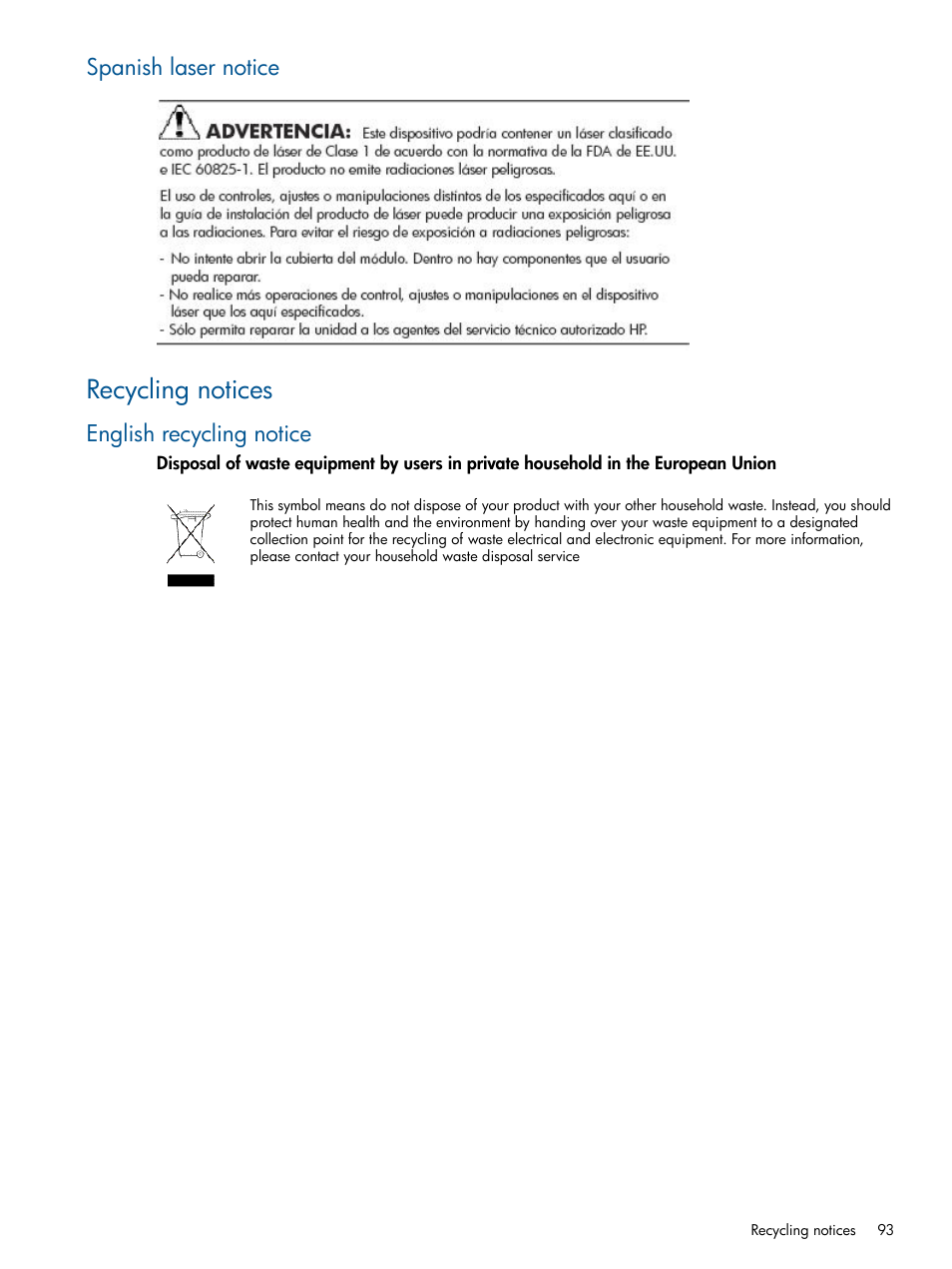 Spanish laser notice, Recycling notices, English recycling notice | HP EML E-series Tape Libraries User Manual | Page 93 / 112