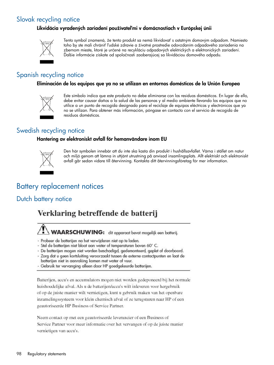 Slovak recycling notice, Spanish recycling notice, Swedish recycling notice | Battery replacement notices, Dutch battery notice | HP EML E-series Tape Libraries User Manual | Page 98 / 112
