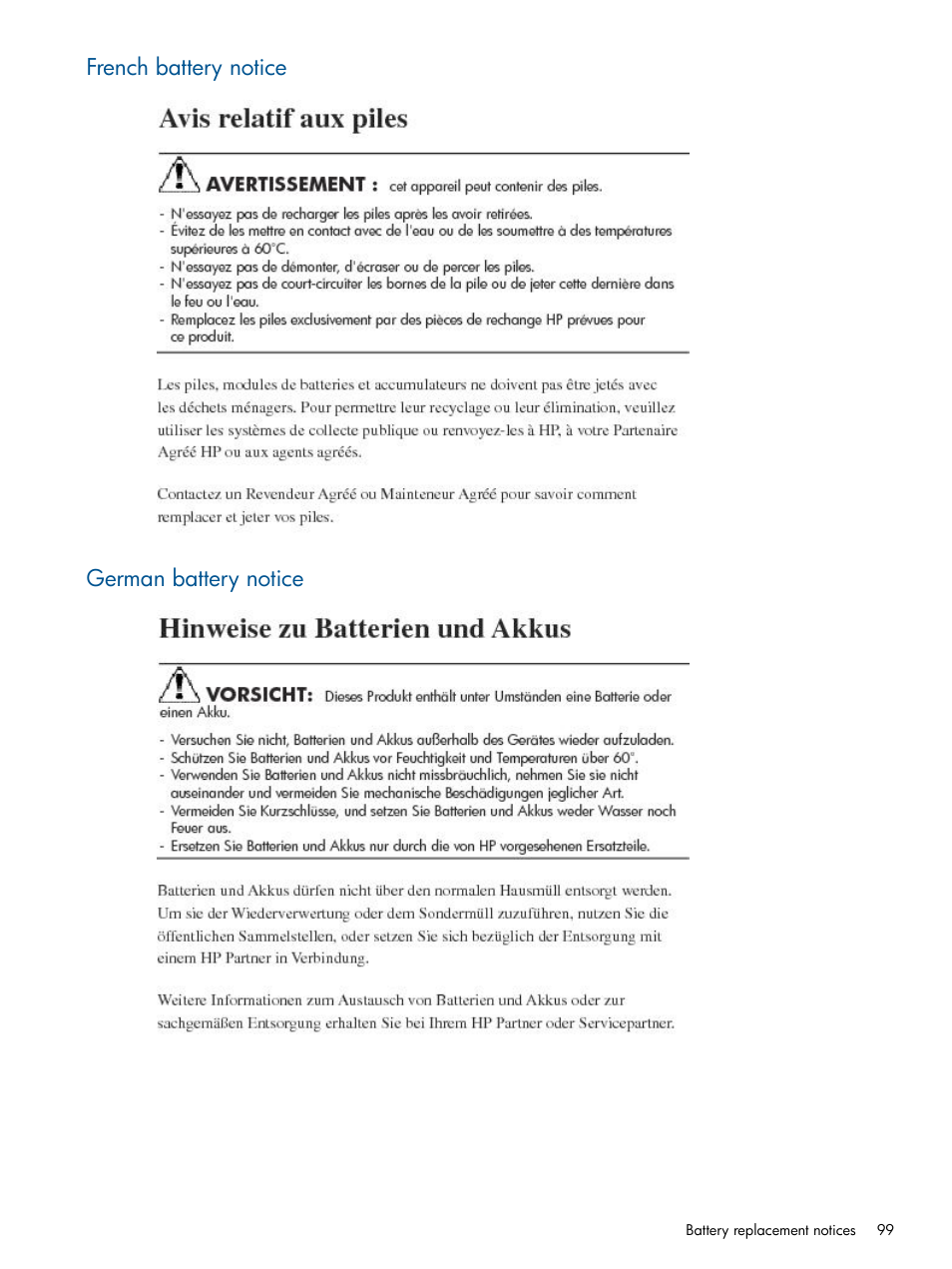 French battery notice, German battery notice, French battery notice german battery notice | HP EML E-series Tape Libraries User Manual | Page 99 / 112