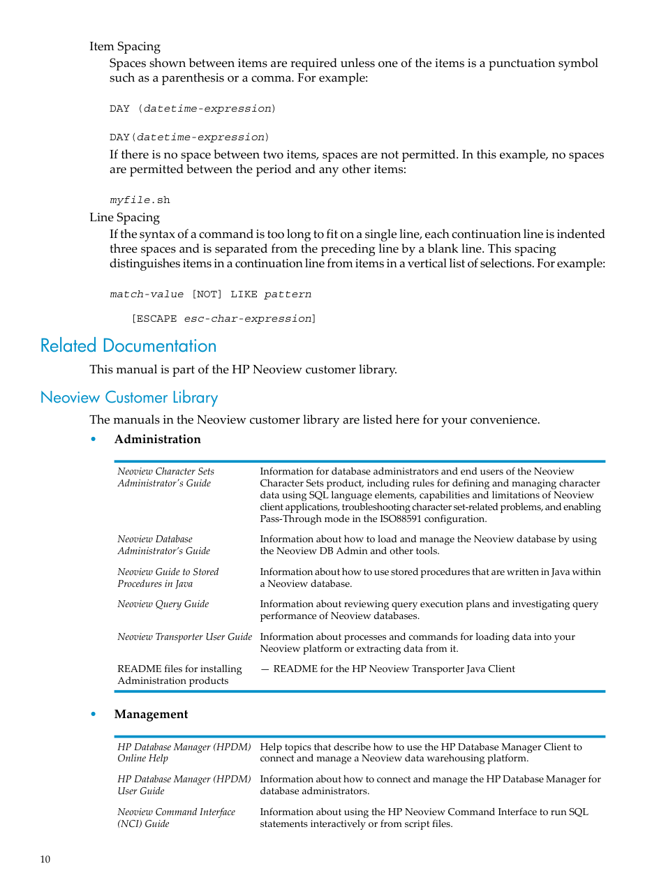 Related documentation, Neoview customer library | HP Neoview Release 2.4 Software User Manual | Page 10 / 78