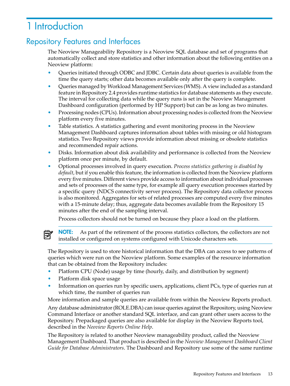 1 introduction, Repository features and interfaces, Chapter 1: introduction | HP Neoview Release 2.4 Software User Manual | Page 13 / 78