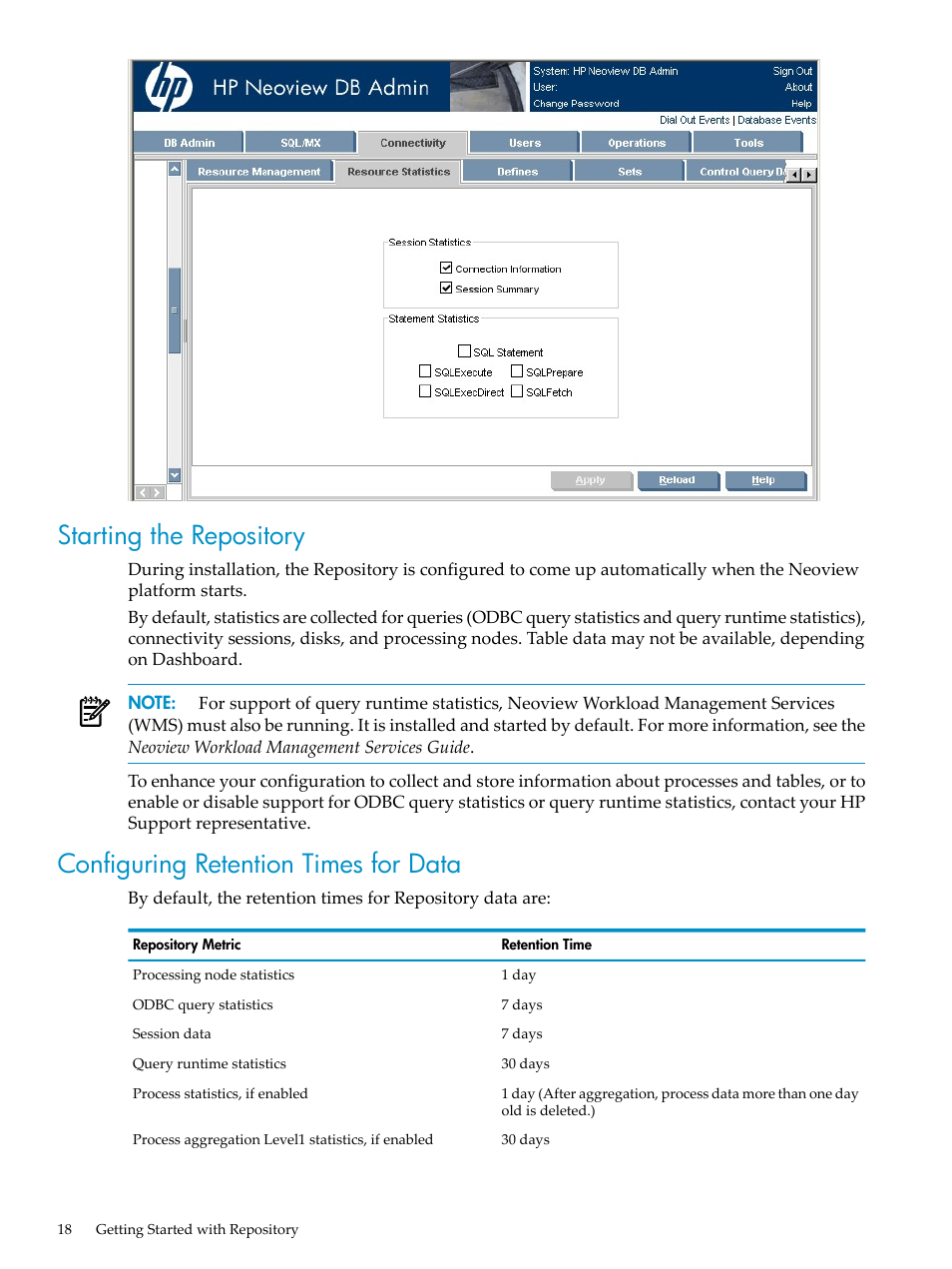 Starting the repository, Configuring retention times for data | HP Neoview Release 2.4 Software User Manual | Page 18 / 78