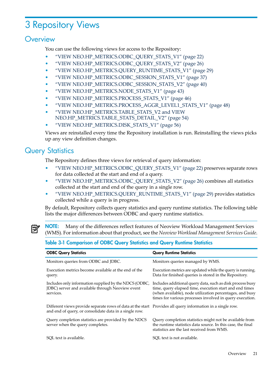 3 repository views, Overview, Query statistics | Overview query statistics, Chapter 3: repository views | HP Neoview Release 2.4 Software User Manual | Page 21 / 78