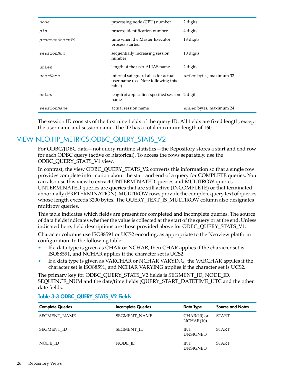 View neo.hp_metrics.odbc_query_stats_v2, Odbc_query_stats_v2 fields | HP Neoview Release 2.4 Software User Manual | Page 26 / 78