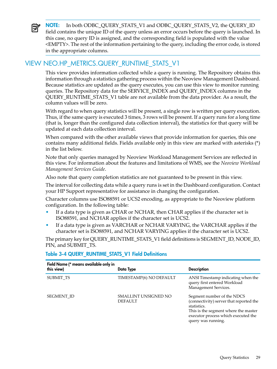 View neo.hp_metrics.query_runtime_stats_v1, Query_runtime_stats_v1 field definitions | HP Neoview Release 2.4 Software User Manual | Page 29 / 78