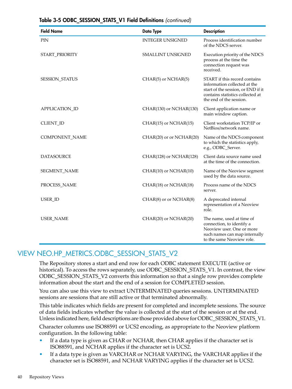 View neo.hp_metrics.odbc_session_stats_v2 | HP Neoview Release 2.4 Software User Manual | Page 40 / 78