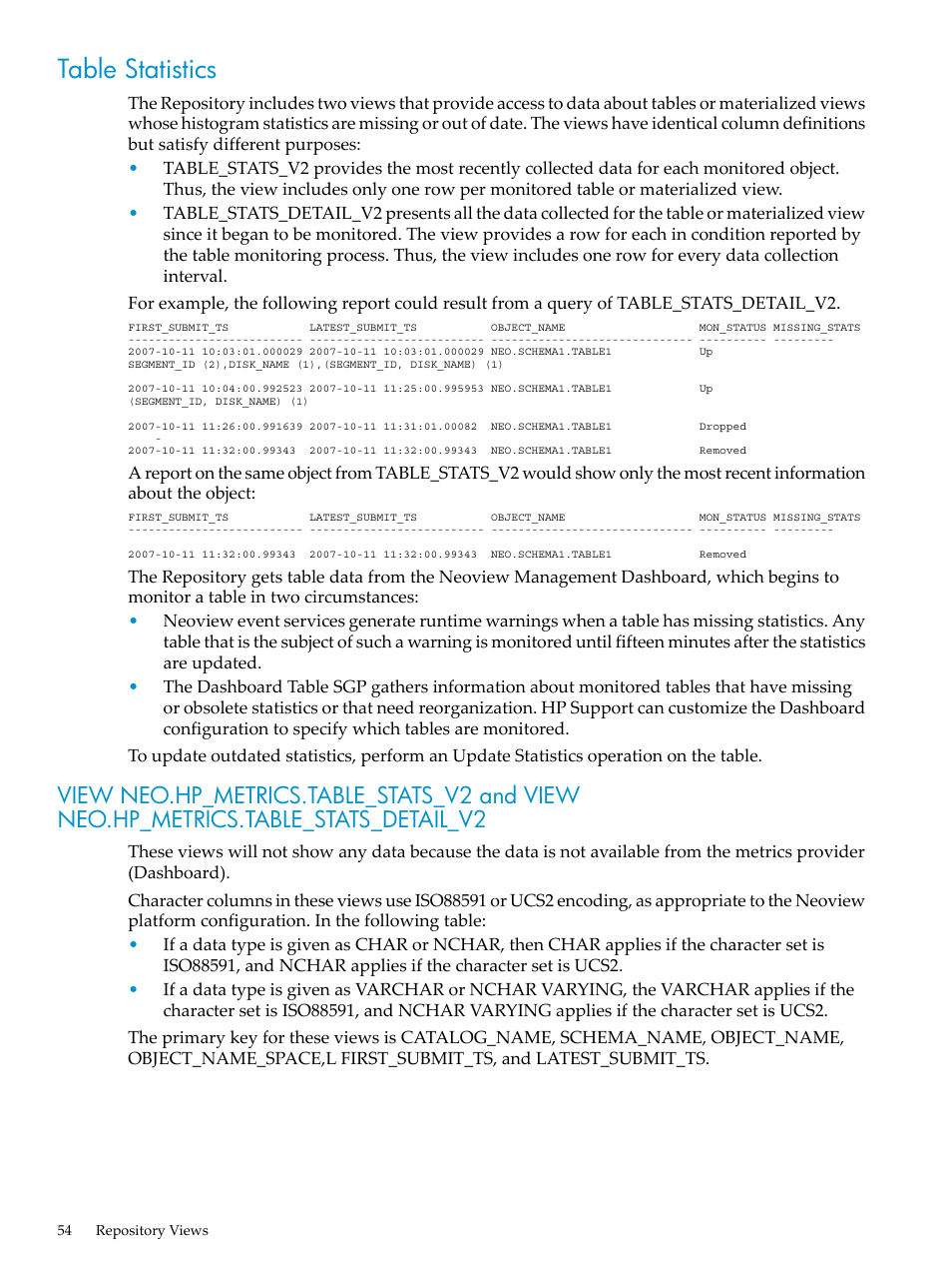 Table statistics | HP Neoview Release 2.4 Software User Manual | Page 54 / 78