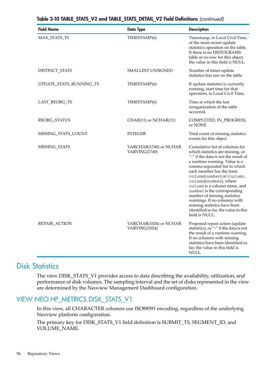 Disk statistics, View neo.hp_metrics.disk_stats_v1 | HP Neoview Release 2.4 Software User Manual | Page 56 / 78