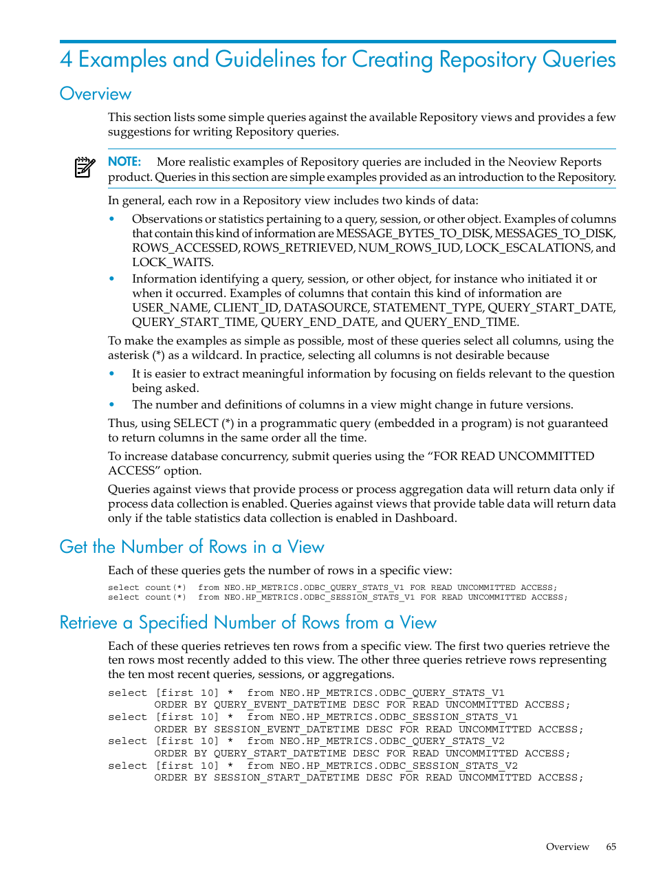 Overview, Get the number of rows in a view, Retrieve a specified number of rows from a view | HP Neoview Release 2.4 Software User Manual | Page 65 / 78