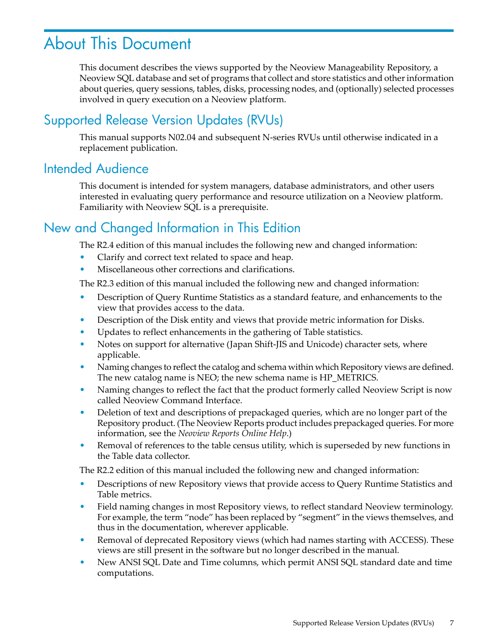 About this document, Supported release version updates (rvus), Intended audience | New and changed information in this edition | HP Neoview Release 2.4 Software User Manual | Page 7 / 78