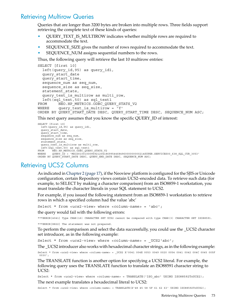 Retrieving multirow queries, Retrieving ucs2 columns | HP Neoview Release 2.4 Software User Manual | Page 73 / 78