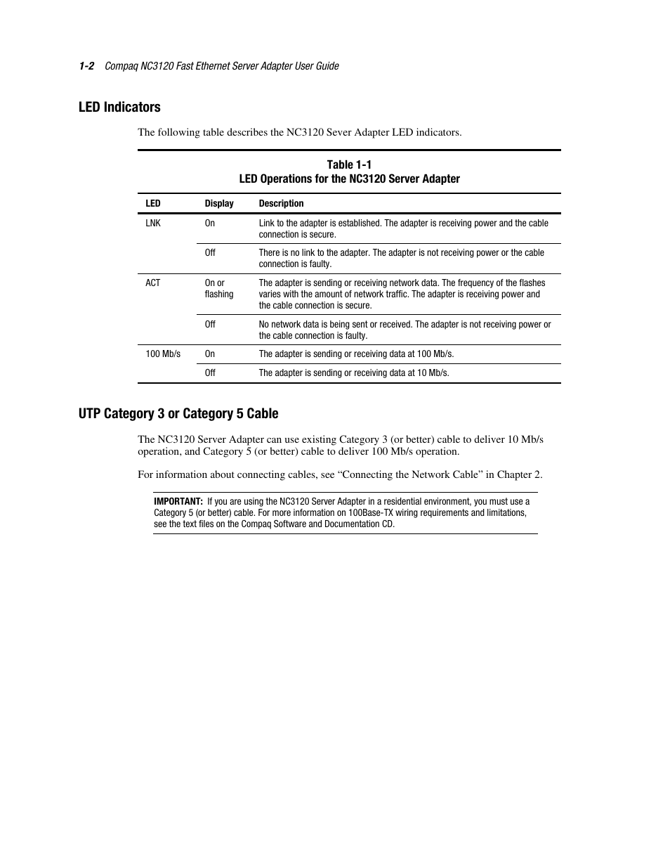 Led indicators, Utp category 3 or category 5 cable, Led indicators -2 | Utp category 3 or category 5 cable -2 | HP NC3120 Fast Ethernet Server Adapter User Manual | Page 10 / 20