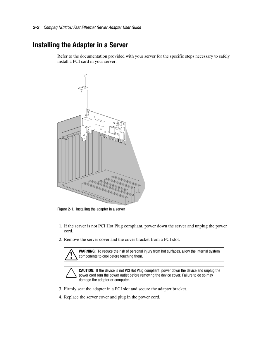 Installing the adapter in a server, Installing the adapter in a server -2 | HP NC3120 Fast Ethernet Server Adapter User Manual | Page 12 / 20