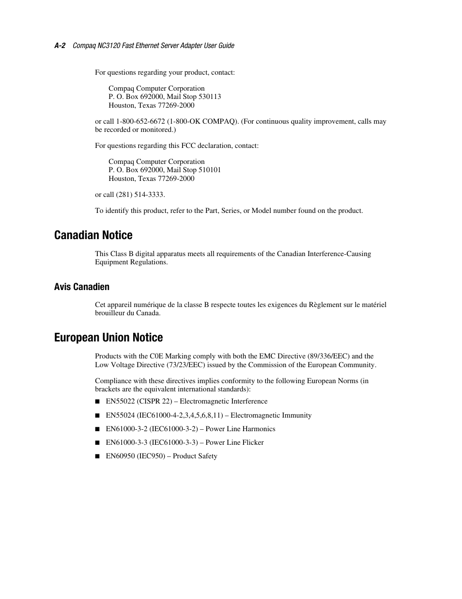 Canadian notice, Avis canadien, European union notice | HP NC3120 Fast Ethernet Server Adapter User Manual | Page 15 / 20