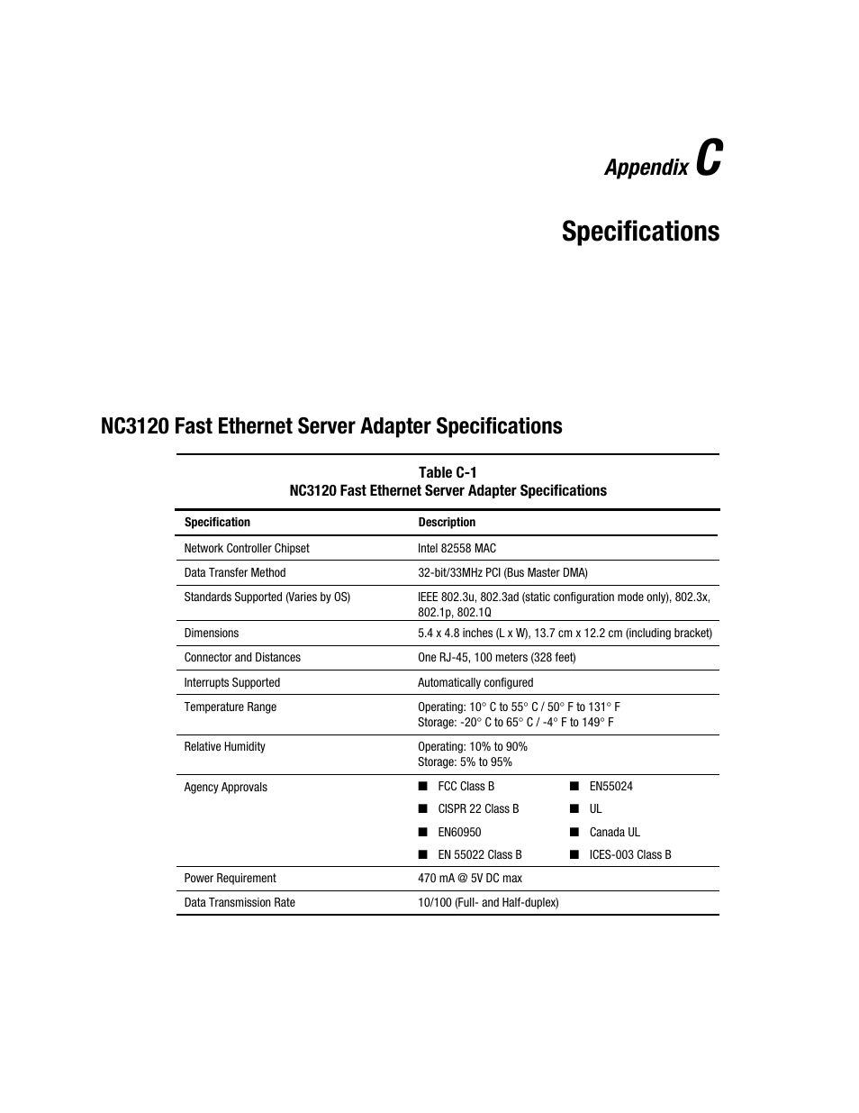 Appendix c: specifications, Nc3120 fast ethernet server adapter specifications, Appendix c | Specifications, Appendix | HP NC3120 Fast Ethernet Server Adapter User Manual | Page 18 / 20