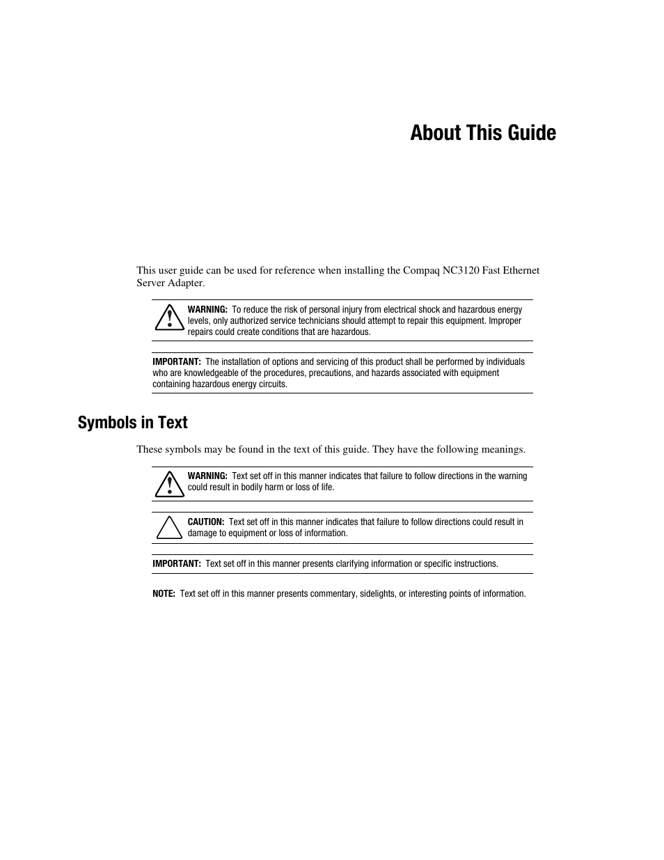 About this guide, Symbols in text | HP NC3120 Fast Ethernet Server Adapter User Manual | Page 5 / 20