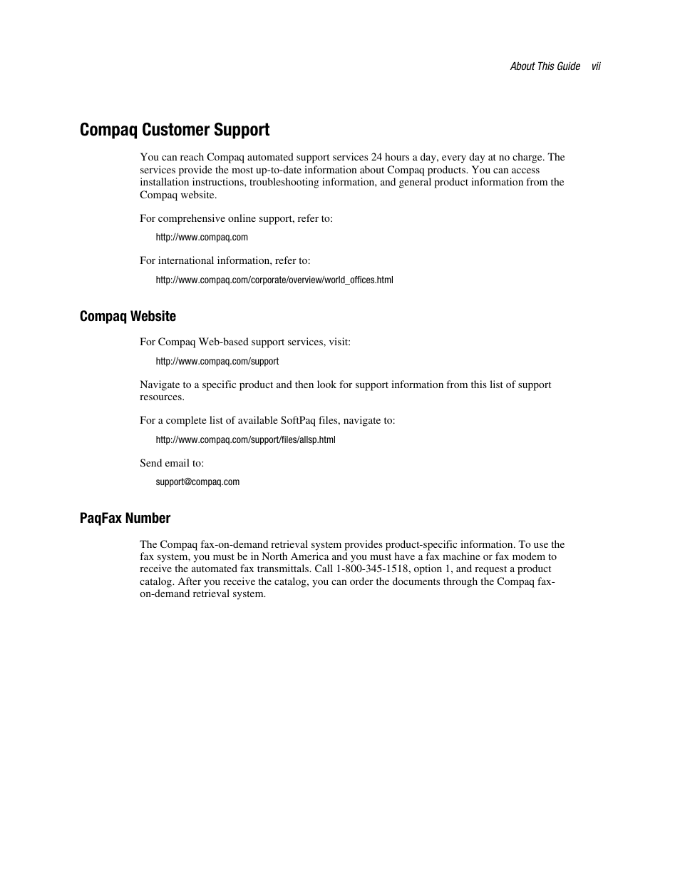 Compaq customer support, Compaq website, Paqfax number | HP NC3120 Fast Ethernet Server Adapter User Manual | Page 7 / 20