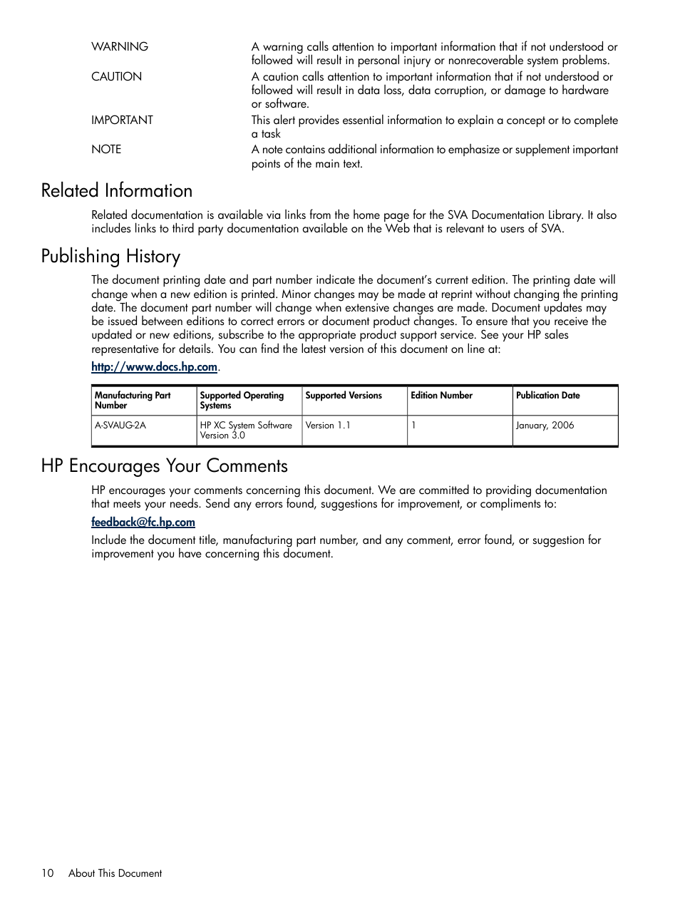 Related information, Publishing history, Hp encourages your comments | HP Scalable Visualization Array Software User Manual | Page 10 / 48