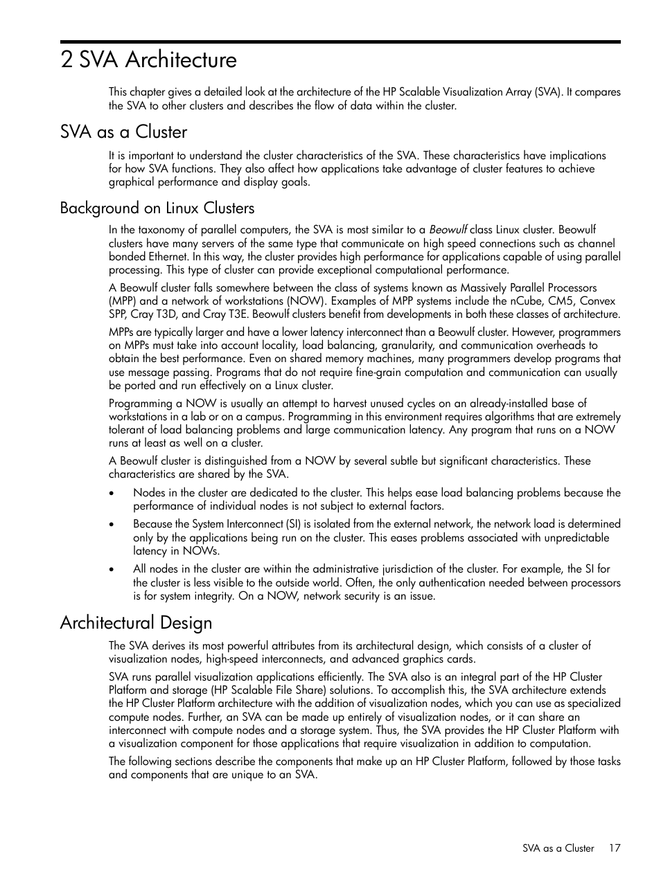 2 sva architecture, Sva as a cluster, Background on linux clusters | Architectural design, Chapter 2 | HP Scalable Visualization Array Software User Manual | Page 17 / 48