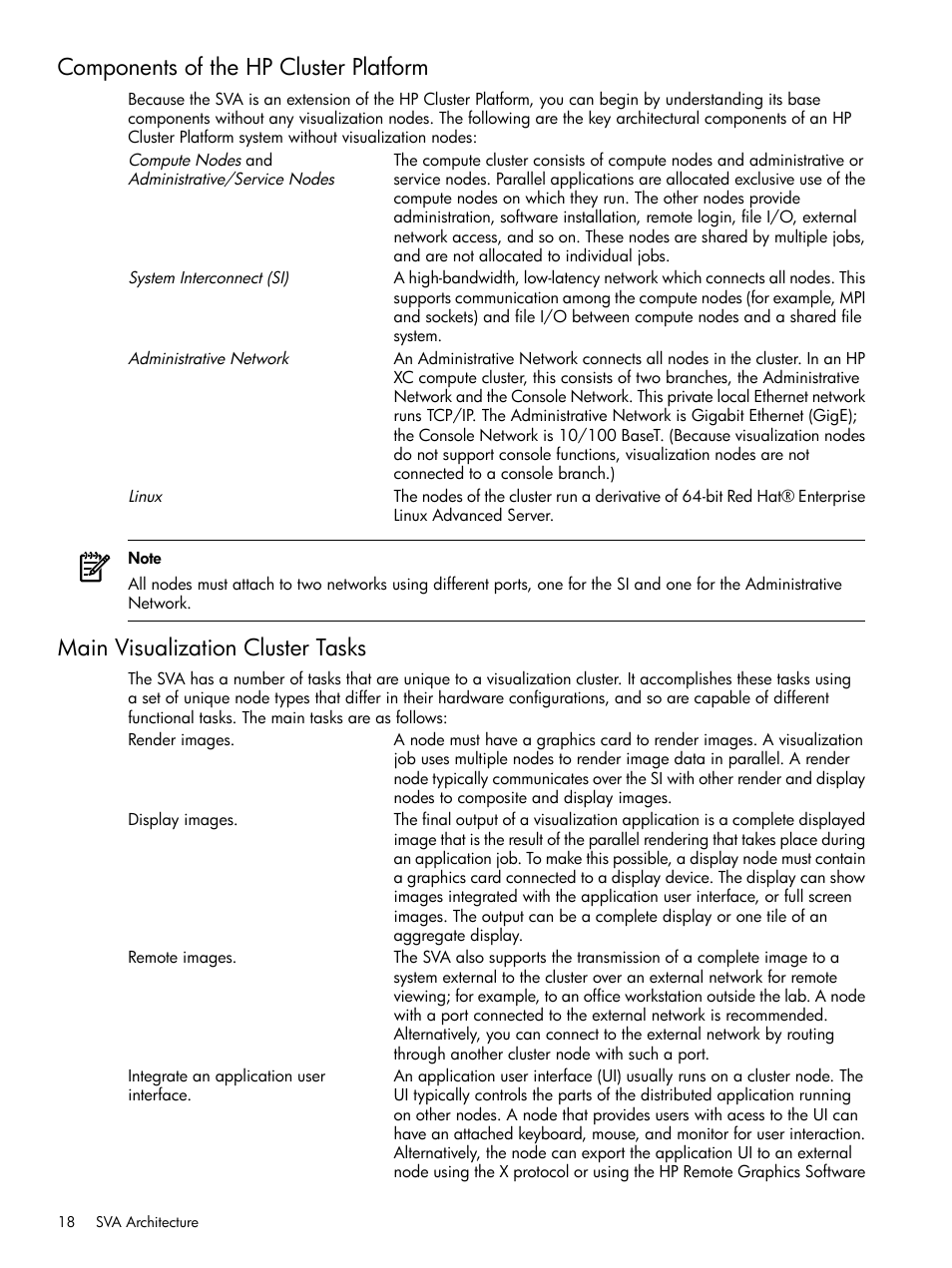 Components of the hp cluster platform, Main visualization cluster tasks | HP Scalable Visualization Array Software User Manual | Page 18 / 48