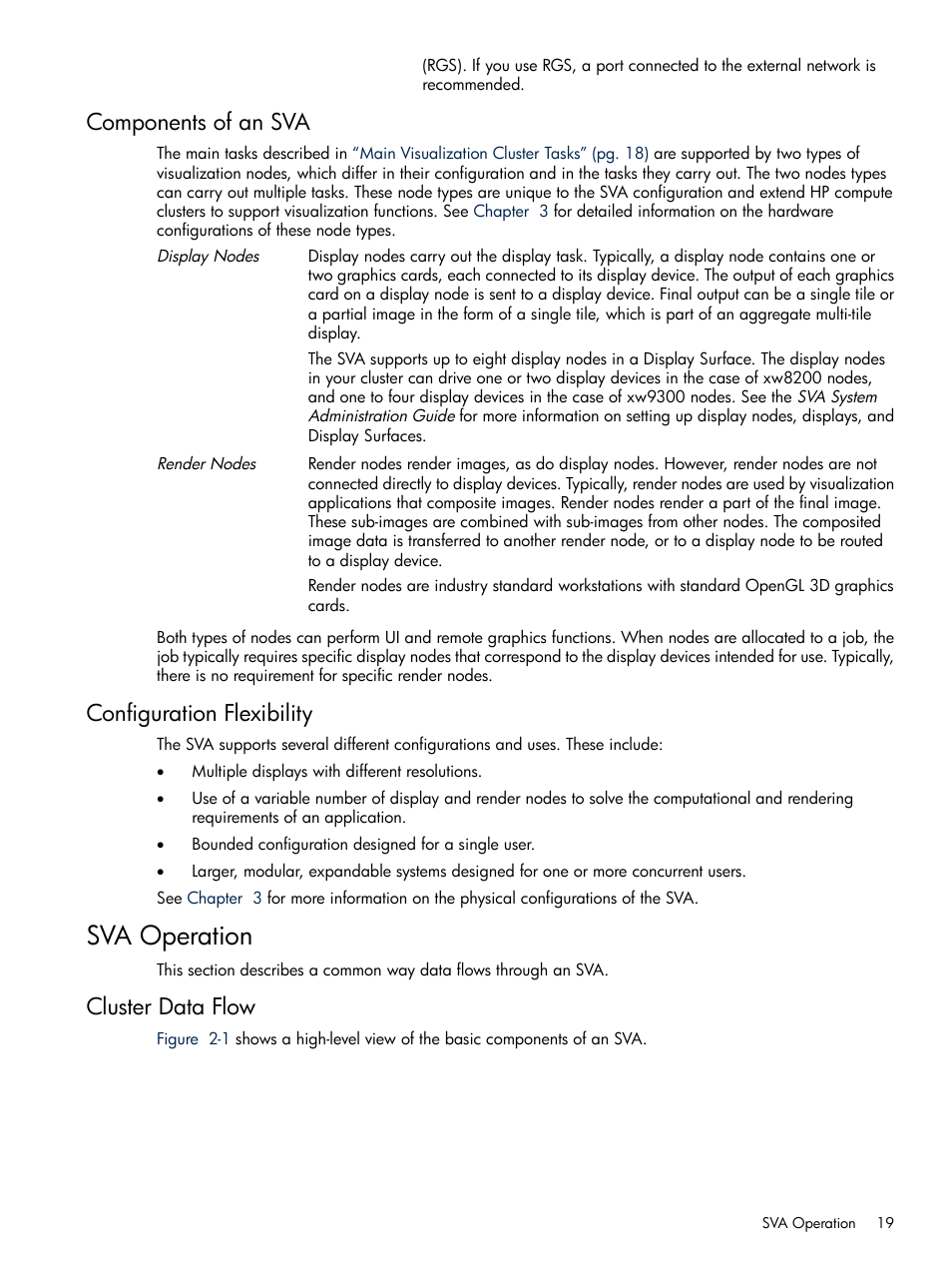 Components of an sva, Configuration flexibility, Sva operation | Cluster data flow, Components of an sva configuration flexibility | HP Scalable Visualization Array Software User Manual | Page 19 / 48