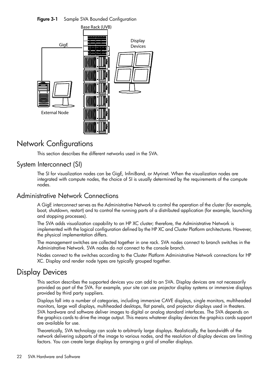 Network configurations, System interconnect (si), Administrative network connections | Display devices, 1 sample sva bounded configuration | HP Scalable Visualization Array Software User Manual | Page 22 / 48