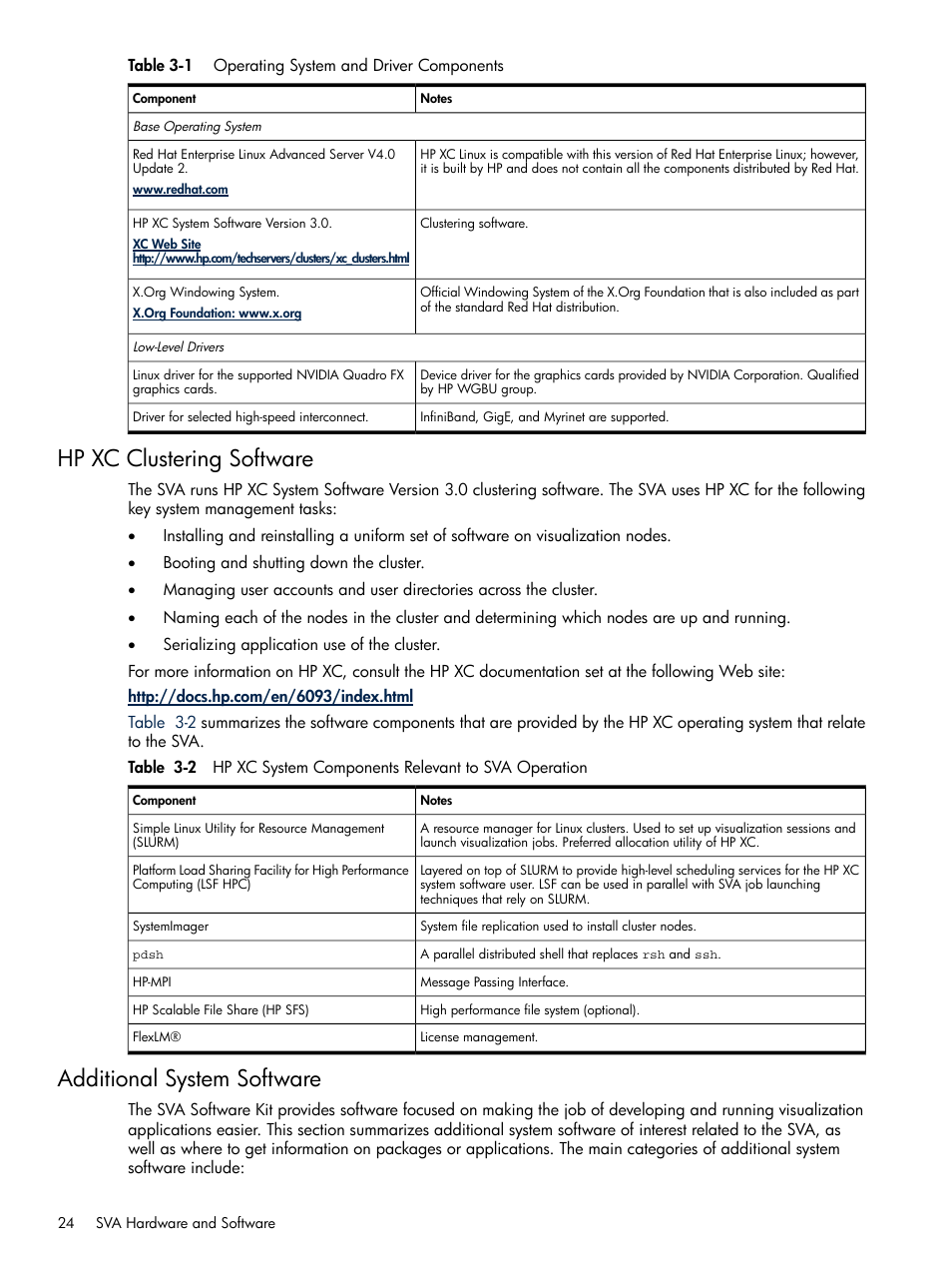 Hp xc clustering software, Additional system software, Hp xc clustering software” (pg. 24) | Table 3-1 | HP Scalable Visualization Array Software User Manual | Page 24 / 48